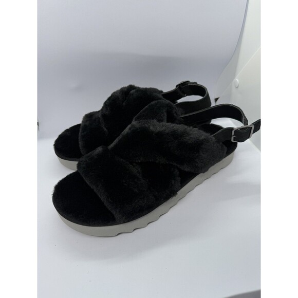 Koolaburra by UGG Adjustable Slide Black Sandals Fuzz'd Out Women 11 - Picture 1 of 9